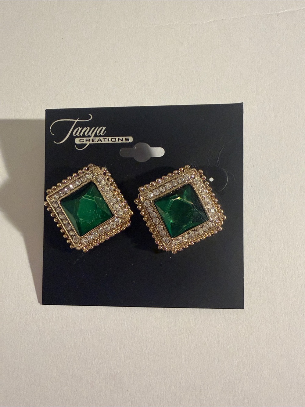 Gold-Tone Emerald Square Statement Earrings